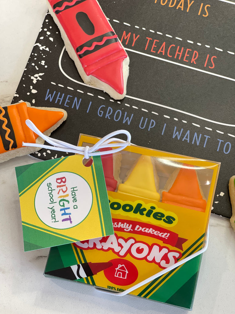 Back to School Crayon Cookie Set.  Great gift for teachers, secretaries, janitor, principal or any other school professional.  Also, a great first of school snack when the kids get off the bus!  Surprise them with a box of cookie crayons!